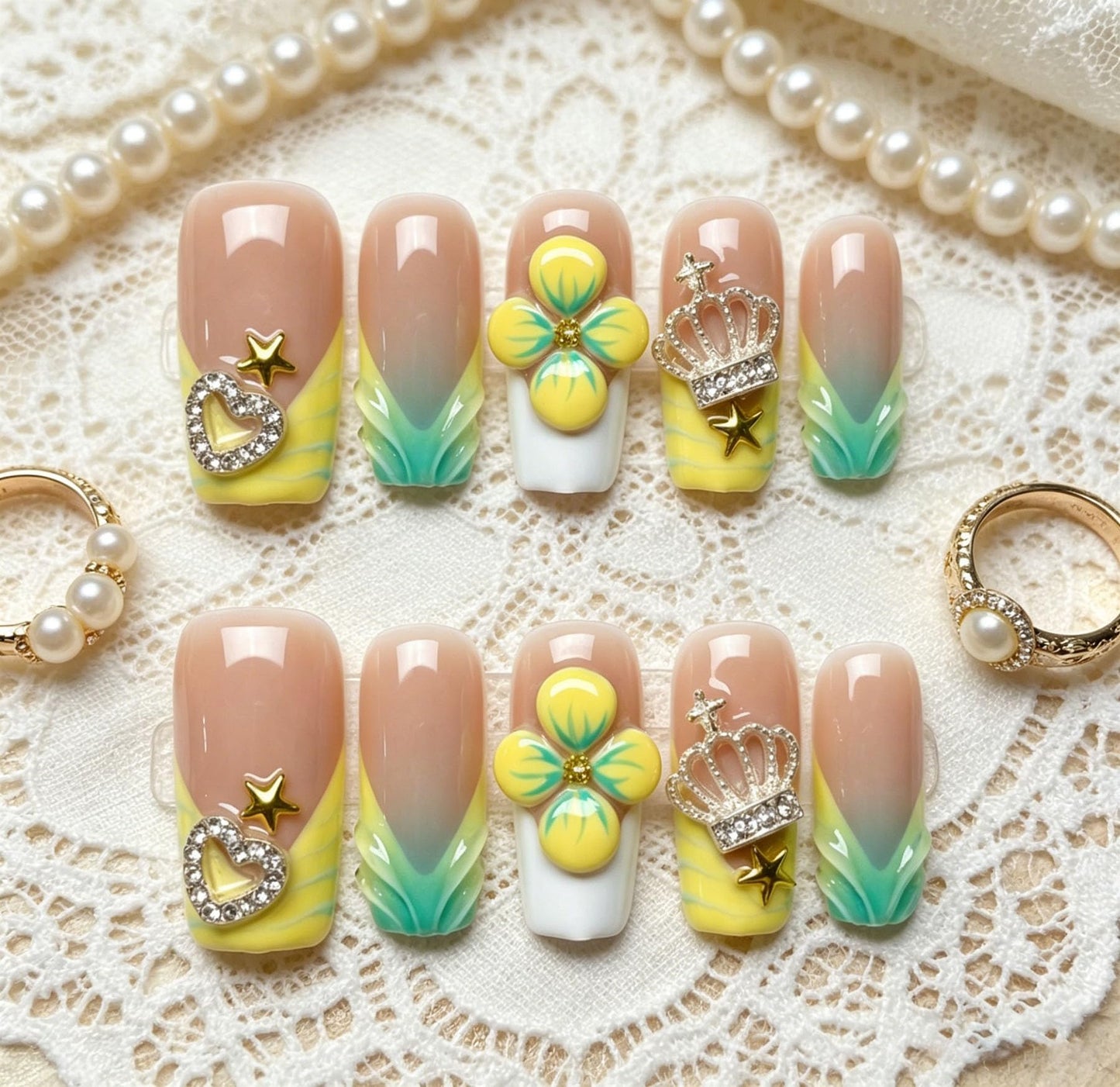 Handmade Press on Nails Square 3D Cute Glue on Nails for Women, Luxury Homemade Press on Nail Art Design, Fake Nails with 3D Nail Charms Size M 5