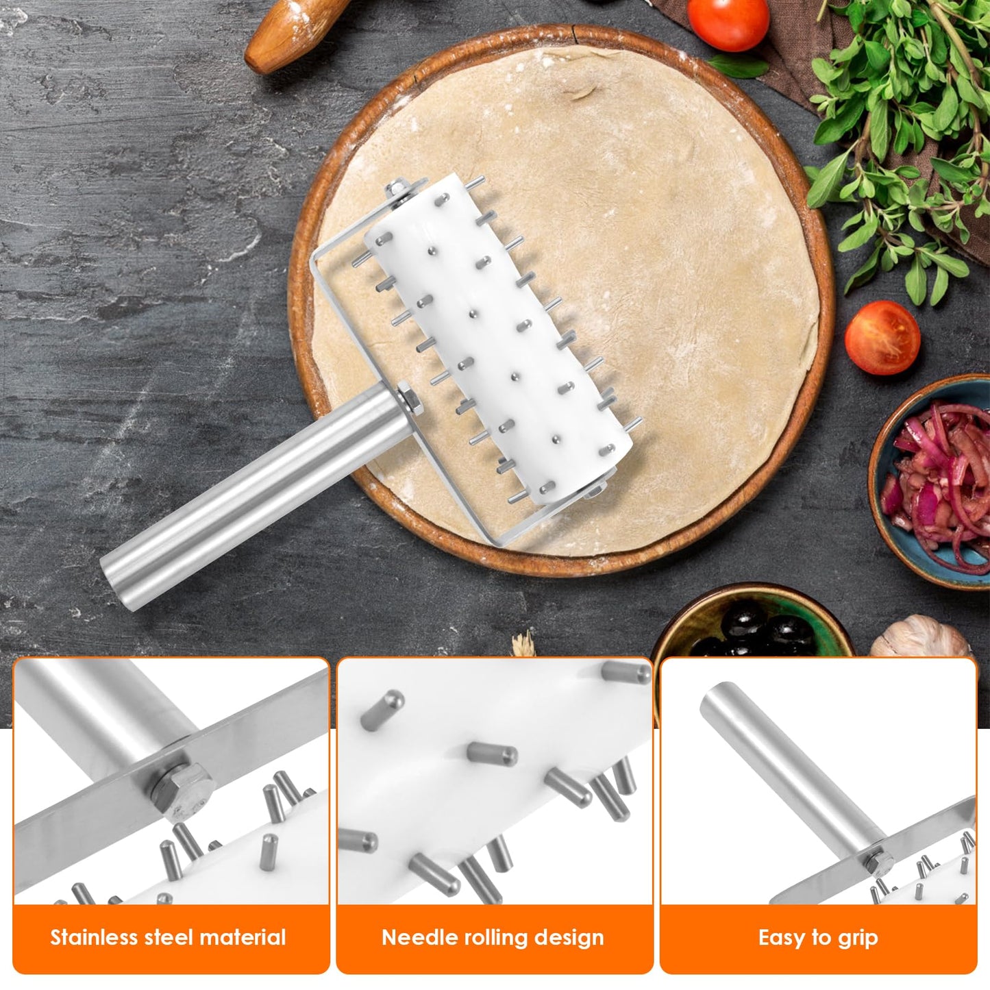 Stainless Steel Pizza Dough Docker with Spikes, Professional Pizza Dough Roller, Ergonomic Pizza Roller, Multifunctional Pizza Docker, Pizza Dough Press for Making Pizza Cookie Pie Pastry, Silver