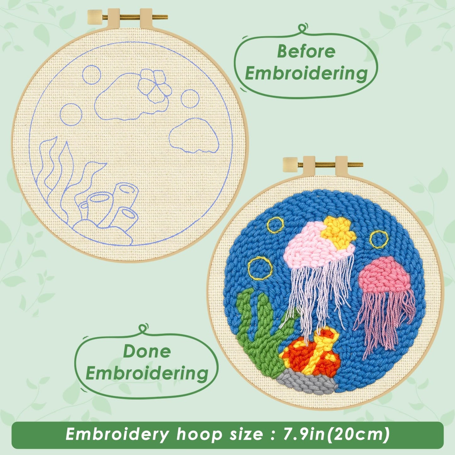ERKOON Punch Needle Kit Adults Beginners, DIY Easy Ocean Embroidery Set for Starter Art Craft, Needling Punch Project with Patterns, Tools, Yarns, Hoop, Instruction (Jellyfish)