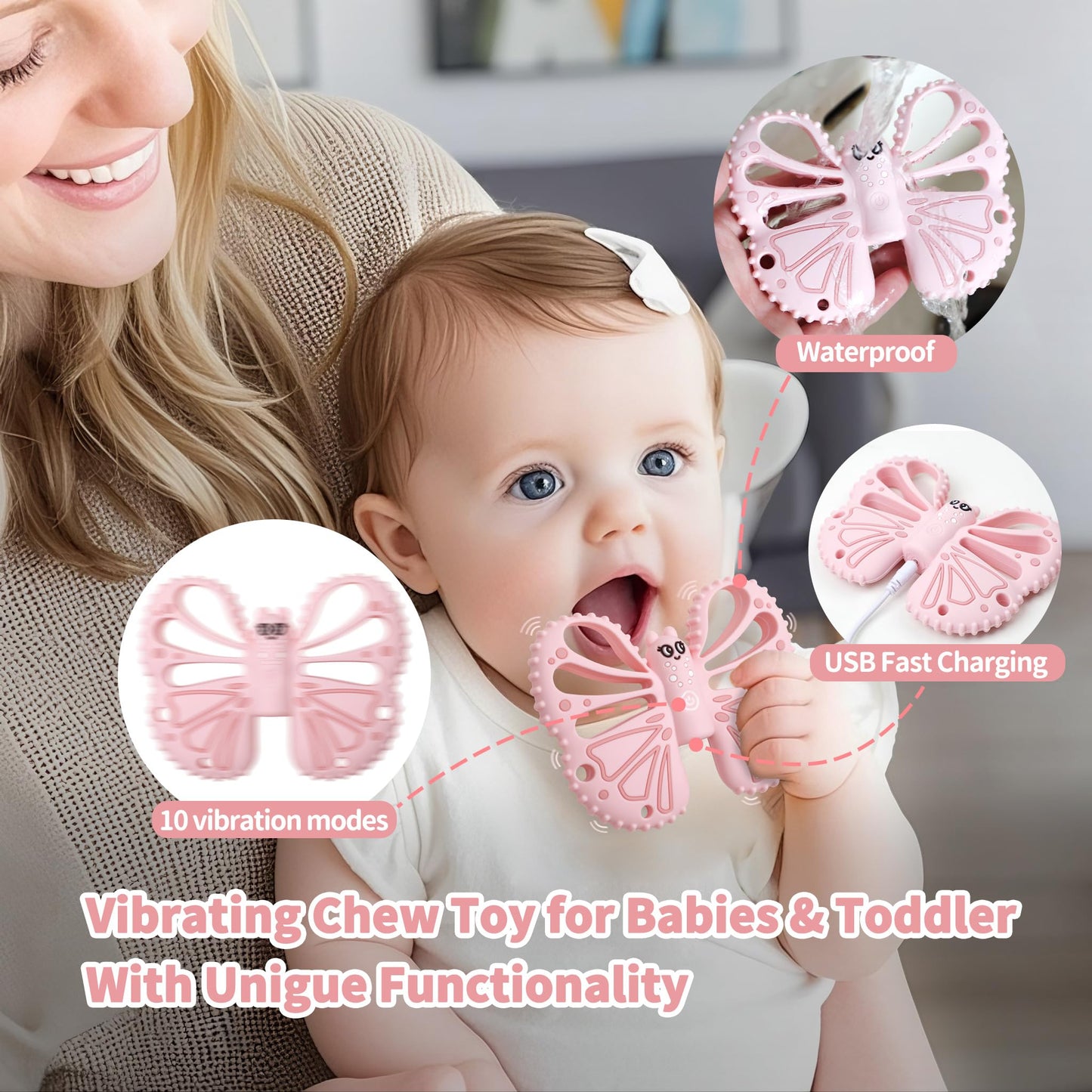 ETETOO Vibrating Teether for Baby - Sensory Chew Toy for Autistic Children & Vibrating Chewy, 10X Vibration Settings, Giving Autistic Children a Better Sensory Experience (Pink)