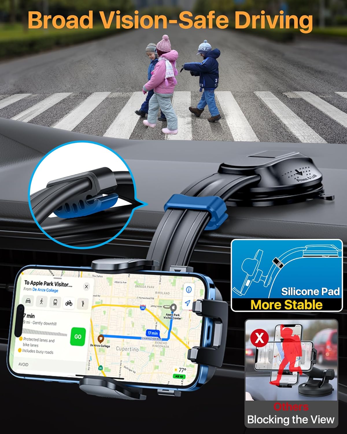 HTU Upgraded Strongest Suction Car Phone Holder Bendable Arm, Never Block View Rotatable Cellphone Mount for Dashboard Windshield Vent, Cradle Stand for iPhone 16 15 14 13 12 Pro Max (Red)