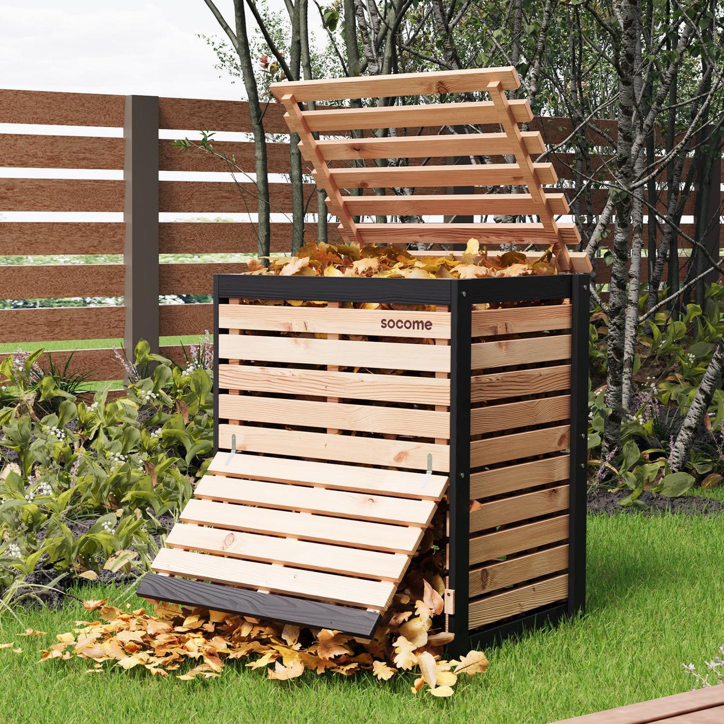 SOCOME 95 Gallon Solid Wood Composter, Outdoor Compost Bin with Pull-Out Door, Large Composting Bin for Backyard, Garden, Patio, Natural