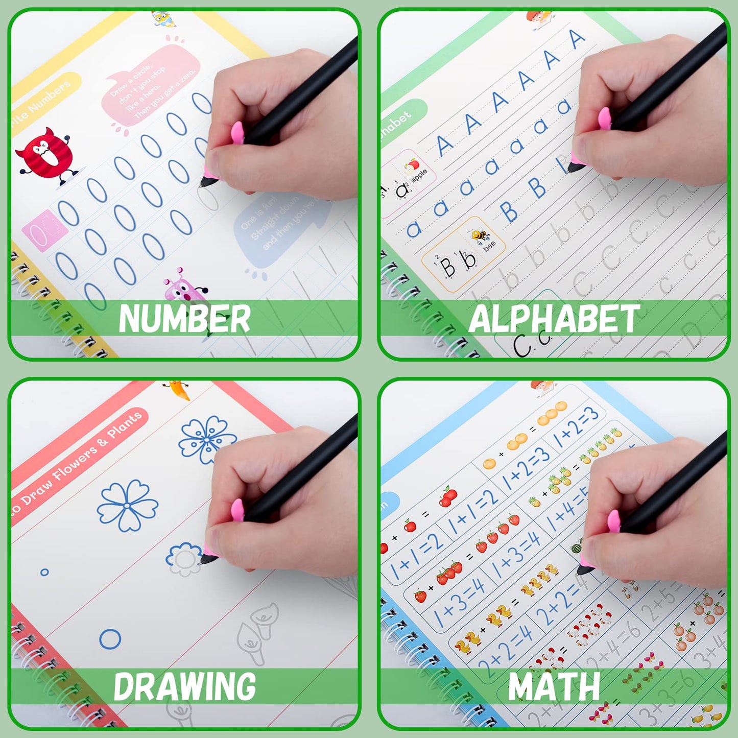 Large Magic Ink Practice Copybook for Kids, Reusable Handwriting Workbooks for Preschools, Tracing Letter Writing Book with Pen Refill and Handwriting Aid(4book+2 Pen+10 Pen Refill)