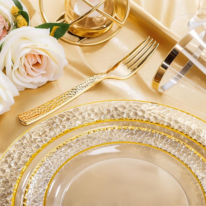 Nervure 102PCS Gold Plastic Plates - Disposable Clear Gold Party Plates Include 51PCS 10.25inch Dinner Plate & 51PCS 7.5inch Dessert Plate Perfect for Wedding & Party & Christmas