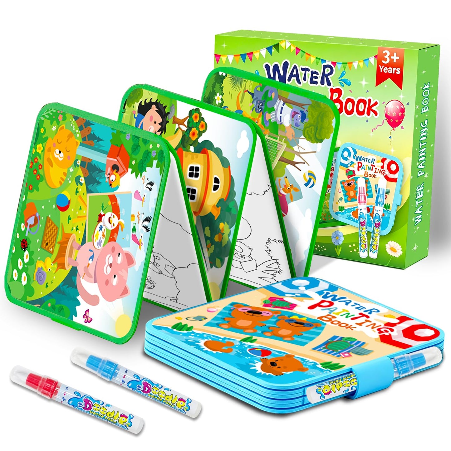 Elfew Water Painting Book for Toddlers 1-3,Mess Free Coloring for Toddlers,2 Pack Reusable Water Coloring Books with Water Pens,Magic Doodle Books