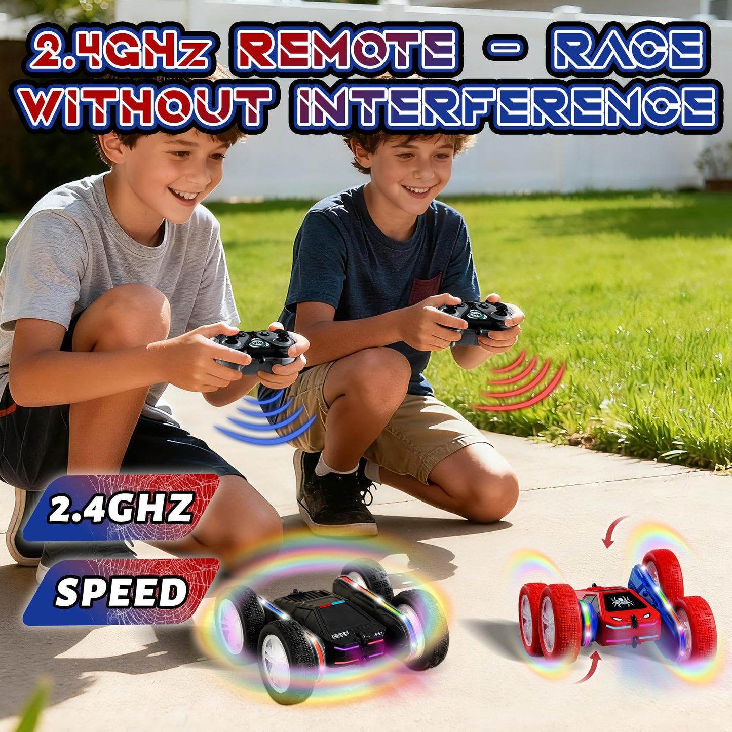 SANGQAOFU Spider Remote Control Car 4WD 360° Flips RC Stunt Car Toys Cyber-Inspired Double-Sided Drift Rc Cars with LED Lights 2 Rechargeable Charge Battery Modules Toys and Gift for Boys Age 3-12