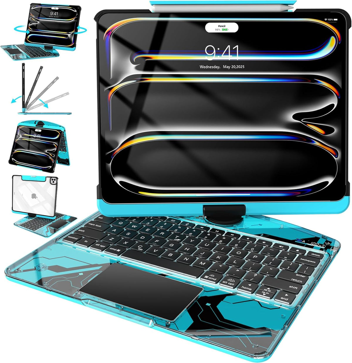 Intermerge Clear Keyboard Case for iPad Pro 13" (M4) 2024 Only, 360° Swivel Multi-Touch Trackpad, 7-Color RGB Backlit, Pencil Holder, Type-C, Power Indicator, Aqua Pulse
