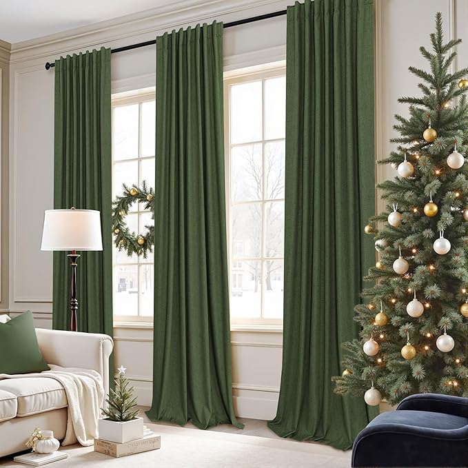 Olive Green Blackout Curtains 84 Inches Long 2 Panels Linen Boho Black Out Dark Green Forest Curtains for Living Room Bedroom Windows Darkening Insulated Thermal Drapes 84 Length Christmas Decorations