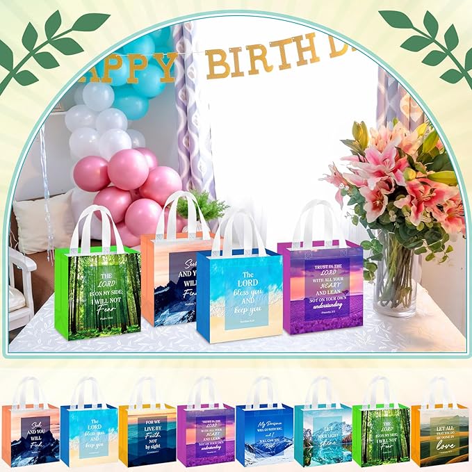HunnmingRe 16 Pcs Christian Gift Bags Bulk, Easter Reusable Scene Religious Bible Verse Tote with Handles Non Woven Scripture Pastor Blessing Gift for Baptism Church Wedding Favors