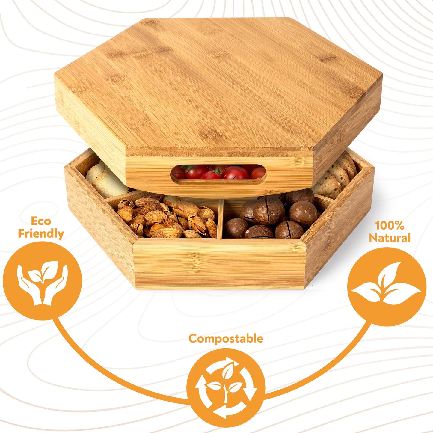 Snack and Serving Tray Set – 13" Divided Bamboo Appetizer Platter for Dry Fruit, Nuts, Cheese and Charcuterie (Bamboo, 13"x11")