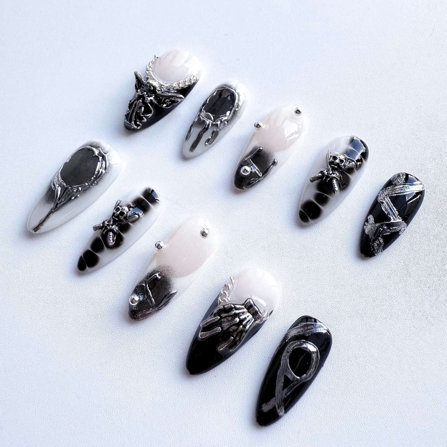 Halloween Press on Nails Black French Tip Fake Nails Handmade Press on Nails Luxury 3D Handbone Skull and Angel Designs Full Cover Gradient Acrylic Nail Muti-Layer Gel False Nail for Women (Size S)