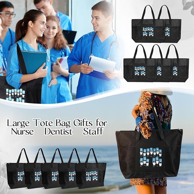 Roowest 5 Pcs Dental Hygiene Appreciation Christmas Gifts Tote Bags with Mesh Pockets Tote Bags Zipper for Dentist Assistant Accessories(Black)