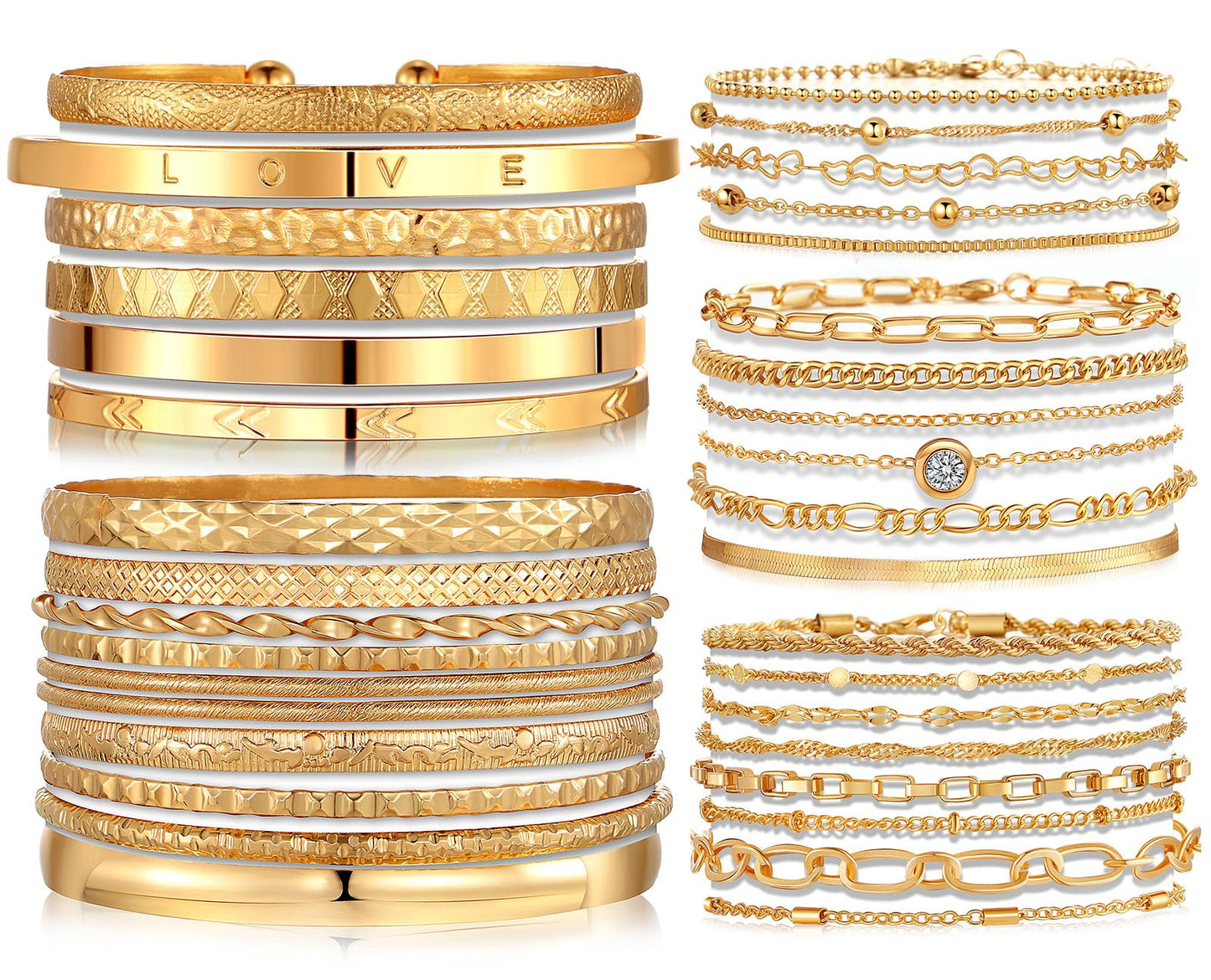 IFKM 35 PCS Chain Bangles Bracelets Set for Women, Multiple Layered Stackable Open Cuff Bangle Anklet Bracelet Trendy Elegance Link Beads Italian Boho Cuban Jewelry for Women Gift