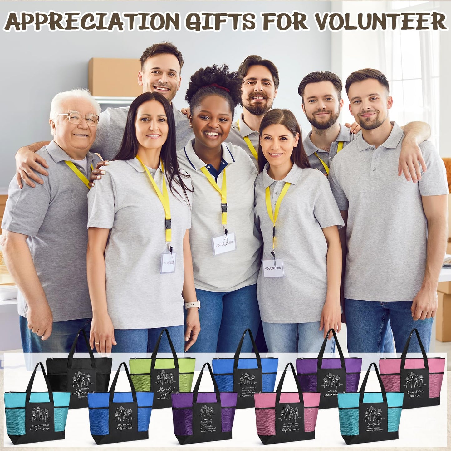 Paterr 10 Pcs Volunteer Appreciation Gifts Bulk Large Tote Bags with Zippered Mesh Pocket Inspirational Gift for Women Men(Multicolor)