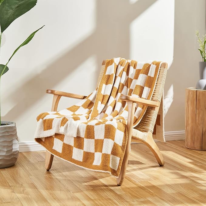 CozeCube Checkered Blanket, Ultra Soft Cozy Orange and White Throw Blanket, Warm Cozy Knit Fuzzy Plush Checkerboard Throw for Couch Bed Sofa, 50"x60"