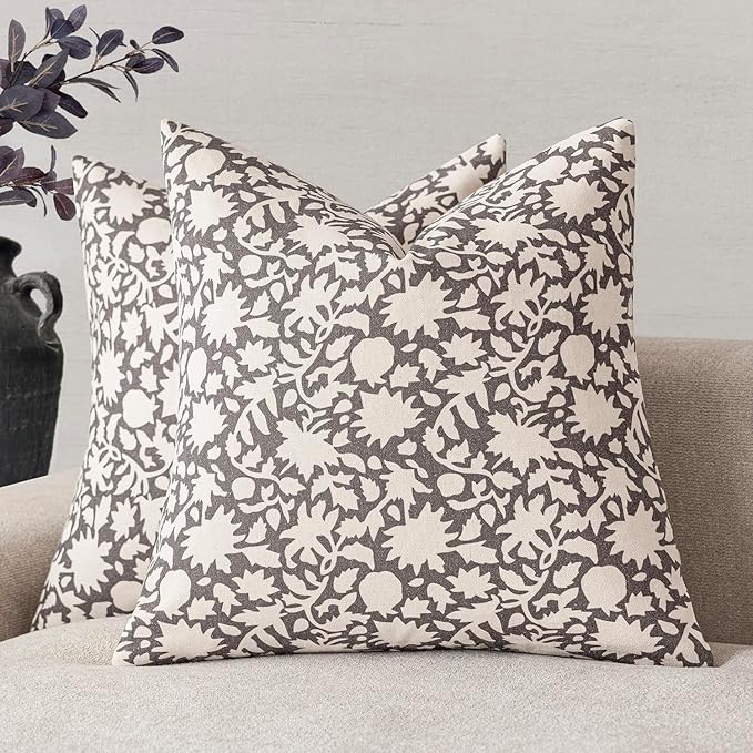 Foindtower Set of 2 Decorative Neutral Floral Throw Pillow Covers Accent Farmhouse Cushion Covers Boho Vintage Pillowcase for Couch Sofa Bedroom Living Room Home Decor,18×18 Inch,Rustic Gray