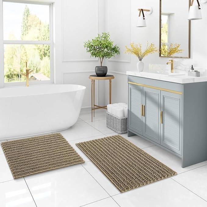 Arotive Luxury Chenille Bathroom Rug Mat, Extra Soft Thick Absorbent Shaggy Bath Rugs, Non-Slip Machine Wash Dry, Plush Bath Mats for Bathroom, Shower and Tub, 60x24, Camel