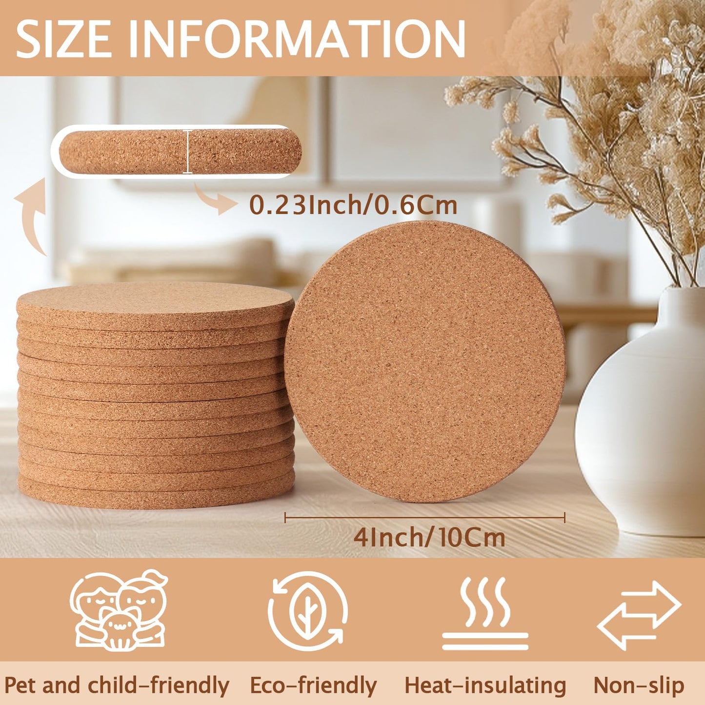 100 PCS Cork Coasters for Laser Engraving, GOH DODD Thicken Absorbent Mats Blank Coasters Bulk Tabletop Protection Plant Saucers for Drinks Wood Burning Arts Crafts DIY Resin Gifts, 4 Inch, Round