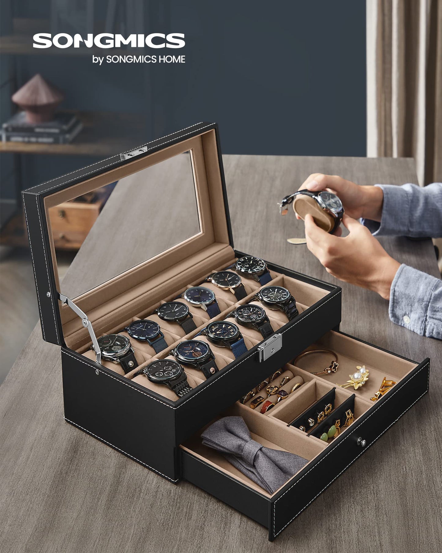 SONGMICS Watch Box, 12-Slot Watch Case Organizer with Large Glass Lid, 2 Layers, Removable Pillows, Metal Lock, Gift for Loved Ones, Black Synthetic Leather, Gray Lining UJWB012