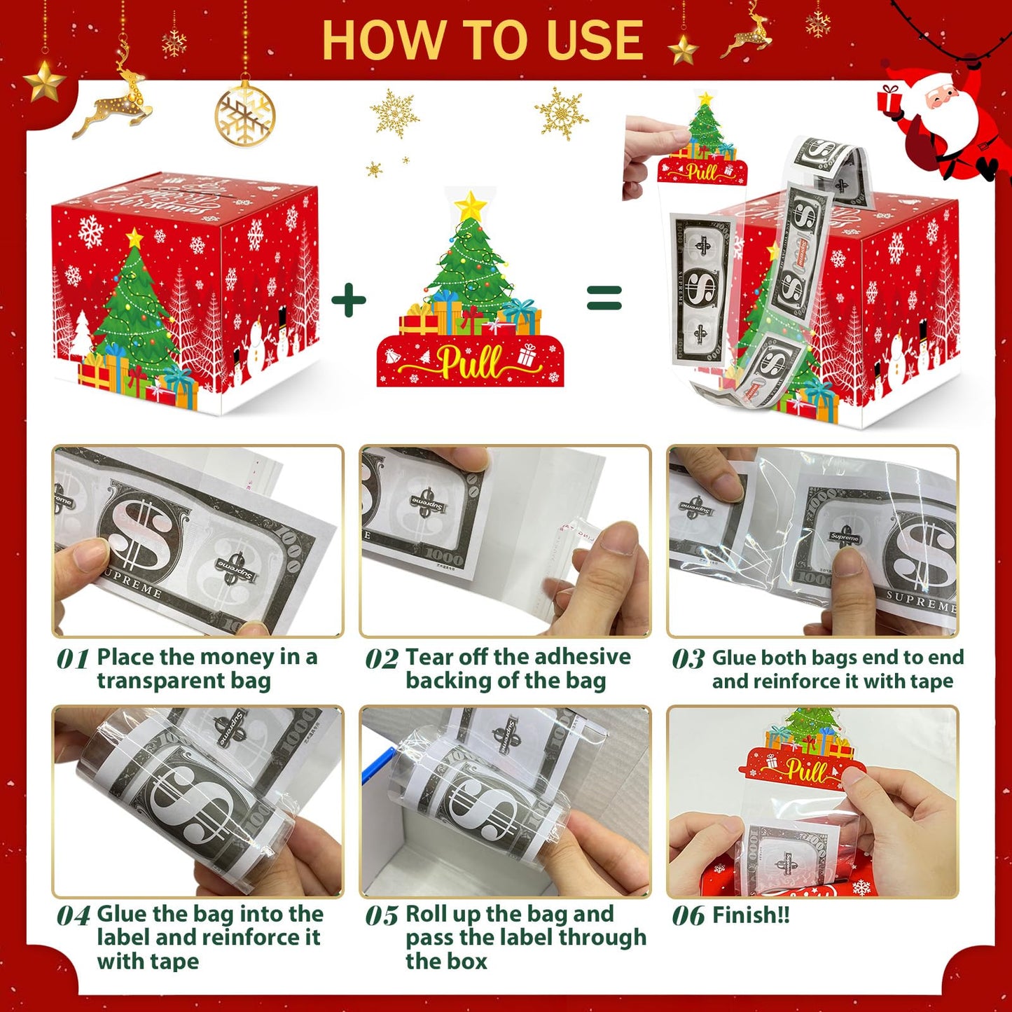 4 Pack Christmas Money Box for Cash Gift Pull,Christmas Tree & Snowman & Santa & Elk Money Gift Boxes for Cash with Pull Out Card DIY Set Surprise Merry Box (Classic Christmas)