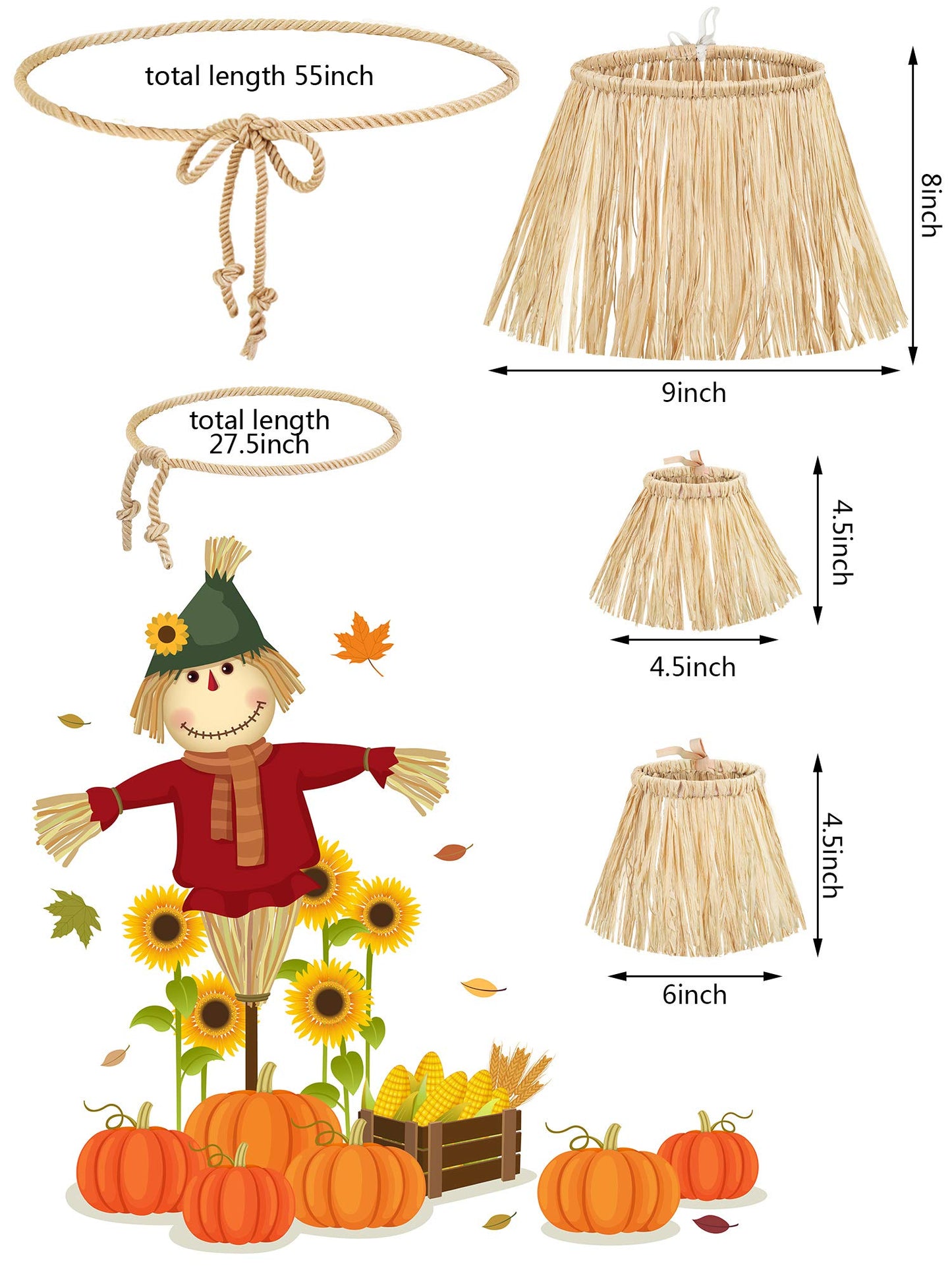 Jetec 7 Pieces Scarecrow Straw Kit 5 Raffia Material Scarecrow Costume Accessories Decoration Raffia Neck Arm and Ankle Ties and 2 Cotton Cord Ties for Party Accessory Halloween Decoration