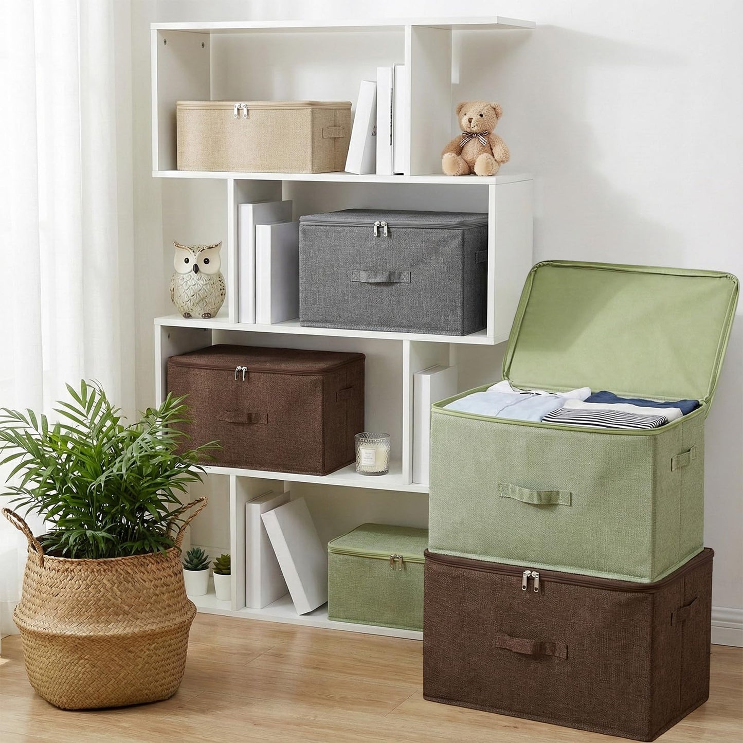 ANMINY Storage Bins with Zipper Lids 36 Qt Lidded Fabric Storage Boxes Baskets Cubes with Handles Collapsible Washable Cotton Linen Closet Shelf Clothes Organizer Containers - Green, Large