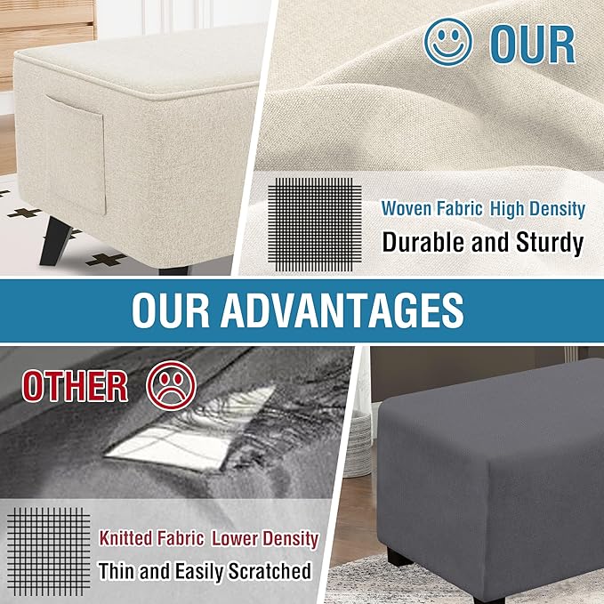 H.VERSAILTEX Thick Durable Linen Look Ottoman Cover Folding Storage Stool Furniture Protector Soft Rectangle Slipcover with Elastic Bottom Fit Length 43"-44" Footrest Washable - Heather Ivory
