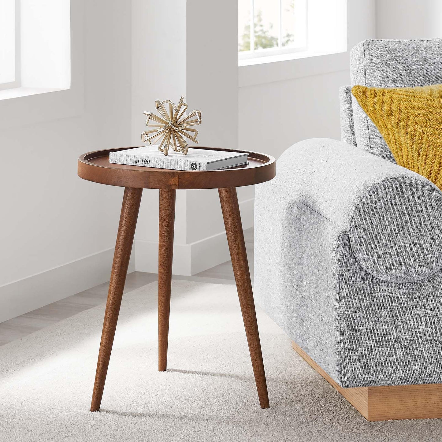 Modway Chiro Solid Wood Side Table in Walnut with Tray Top - Mid-Century Modern Round Accent Table - Small Bedside Table with Tapered Legs - Living Room End Table