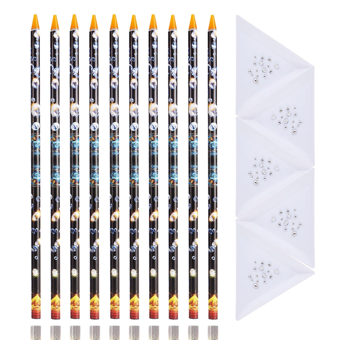 JERCLITY 10 Piece Yellow Refill Rhinestone Picker Pencil Set Self Adhesive Nail Dotting Wax Pen with 5 Piece Triangular Beads Sorting Tray for Nail Art Decoration