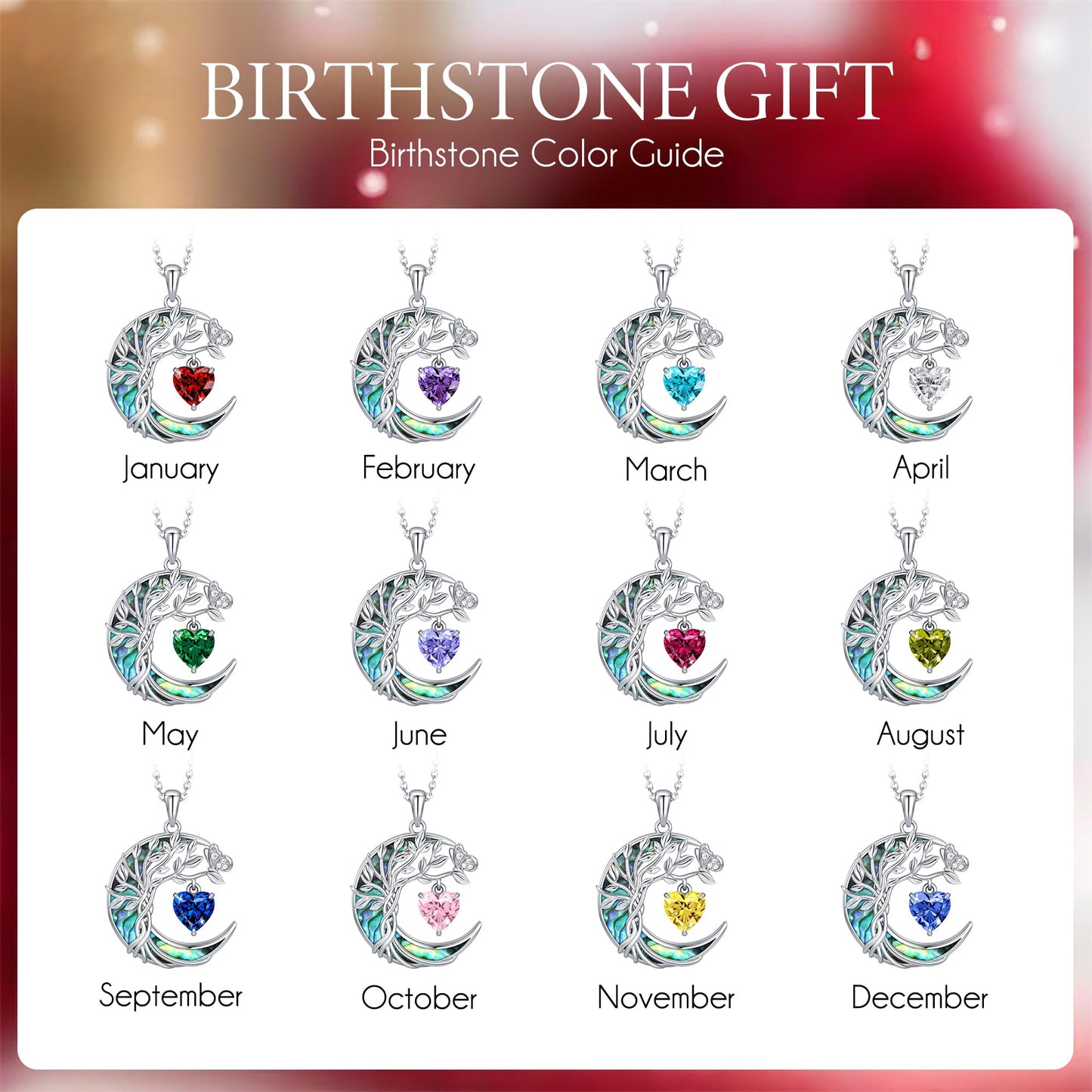 Distance Women's Tree of Life Abalone Shell Moon Heart Birthstone Necklace, S925 Sterling Silver, Pink October Birthstone, 45cm Chain