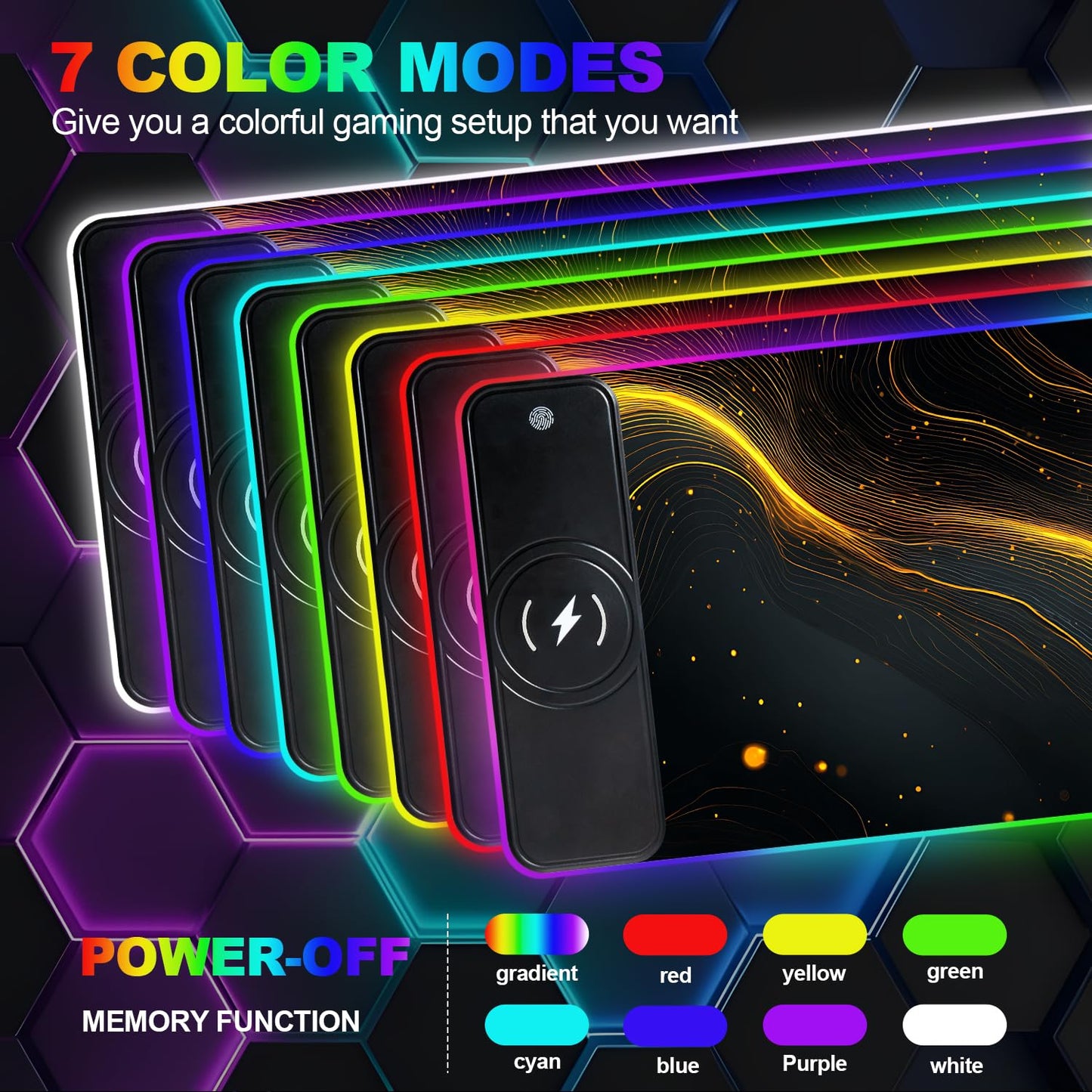 Wireless Charging RGB Gaming Mouse Pad, 31.5 x 11.8 Inch Extended Mouse Mat with Black & Gold Abstract Wave Design, LED Desk Pad with 7 Lighting Modes, Non-Slip Base for Gaming & Office