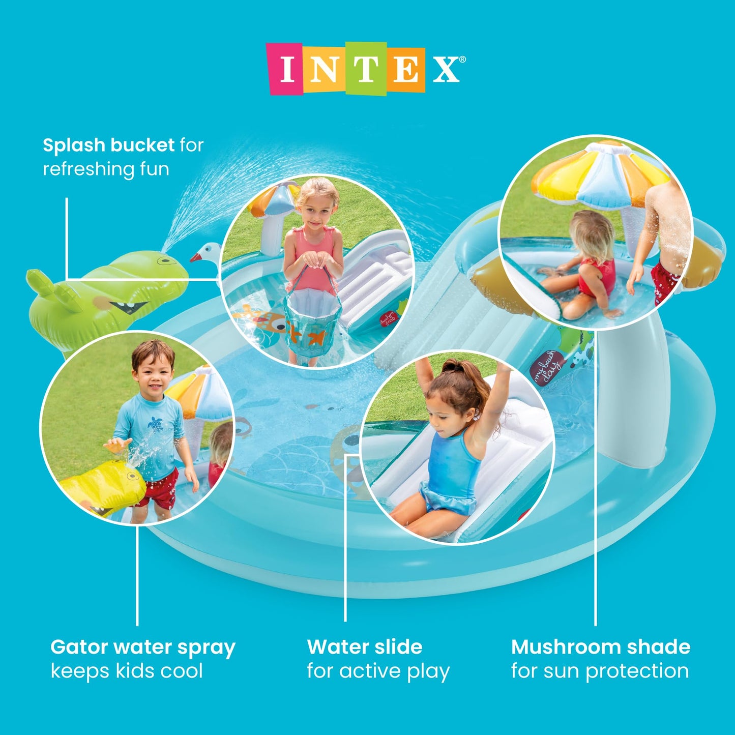 Intex Gator 6.6' x 5.6' x 4" Outdoor Inflatable Kiddie Pool Water Play Swim Center
