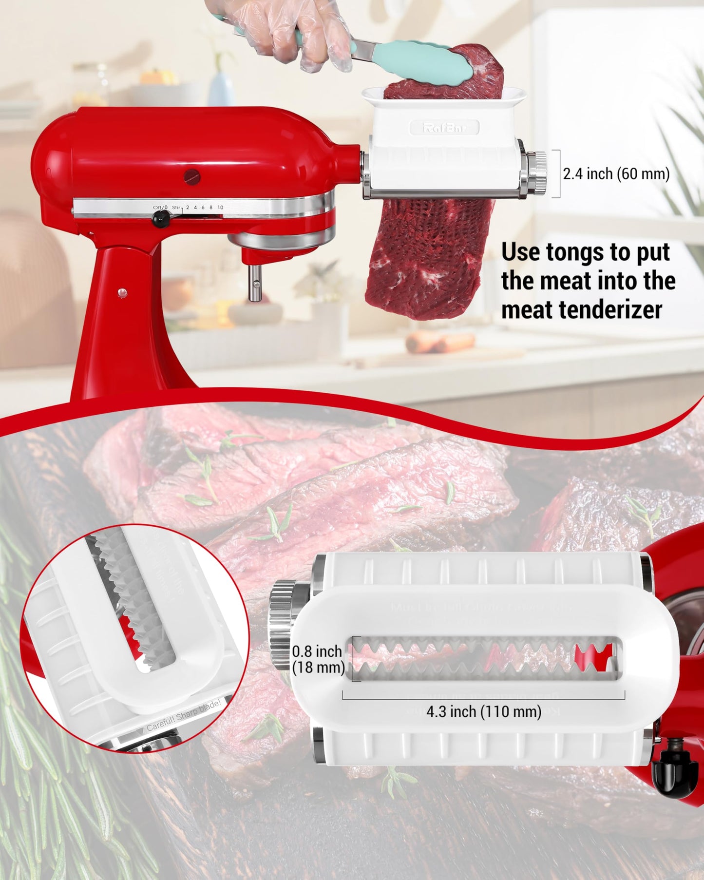 Meat Tenderizer Attachment for KitchenAid Stand Mixer, Adjustable Meat Tenderizer Machine for Beef Pork Steak, Tenderizer Tool with 3 Thickness Settings, Dishwasher Safe