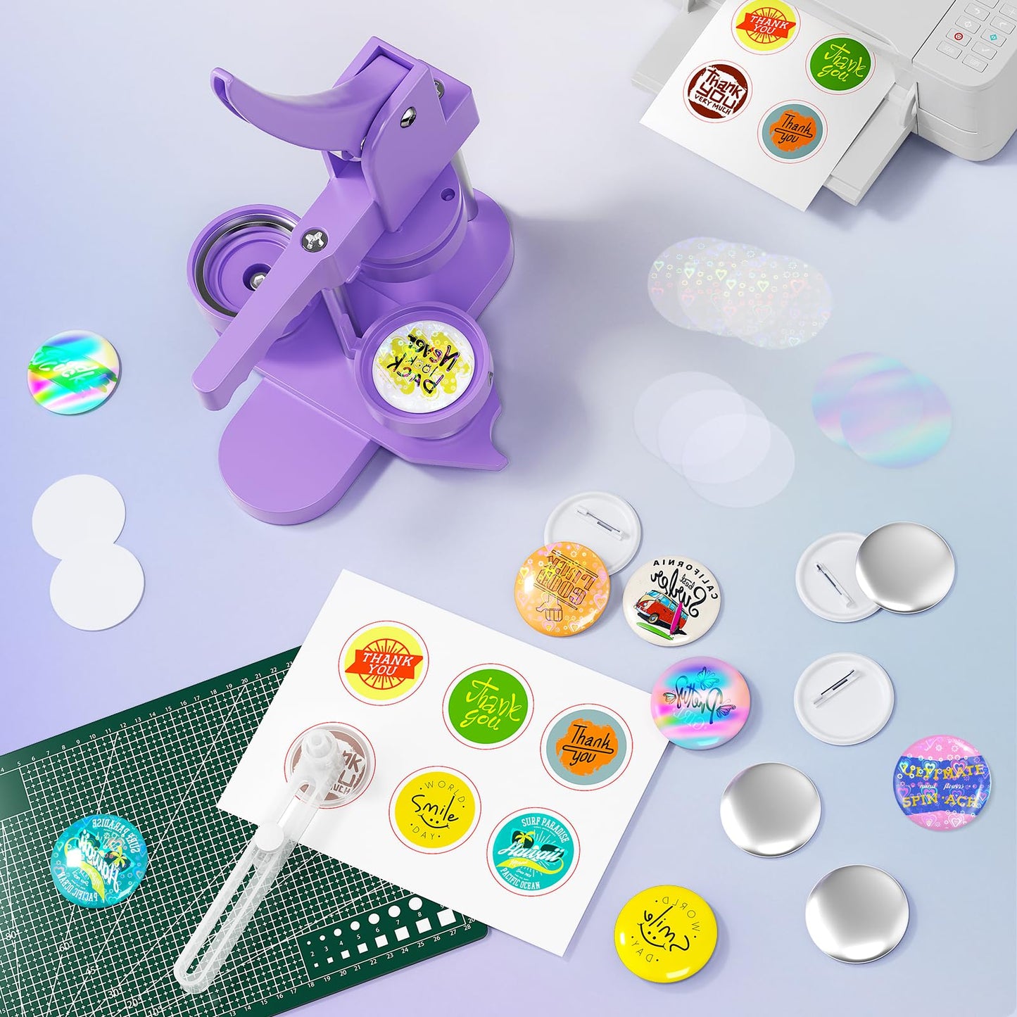 Button Maker Machine 2.25'' Button Press Machine Pin Badge Maker Machine with 100 Set Holographic Film, Button Pinback Making Supplies, Removable Dies, 1 Circle Cutter, 1 Cutting Mat, 50 Photo Paper