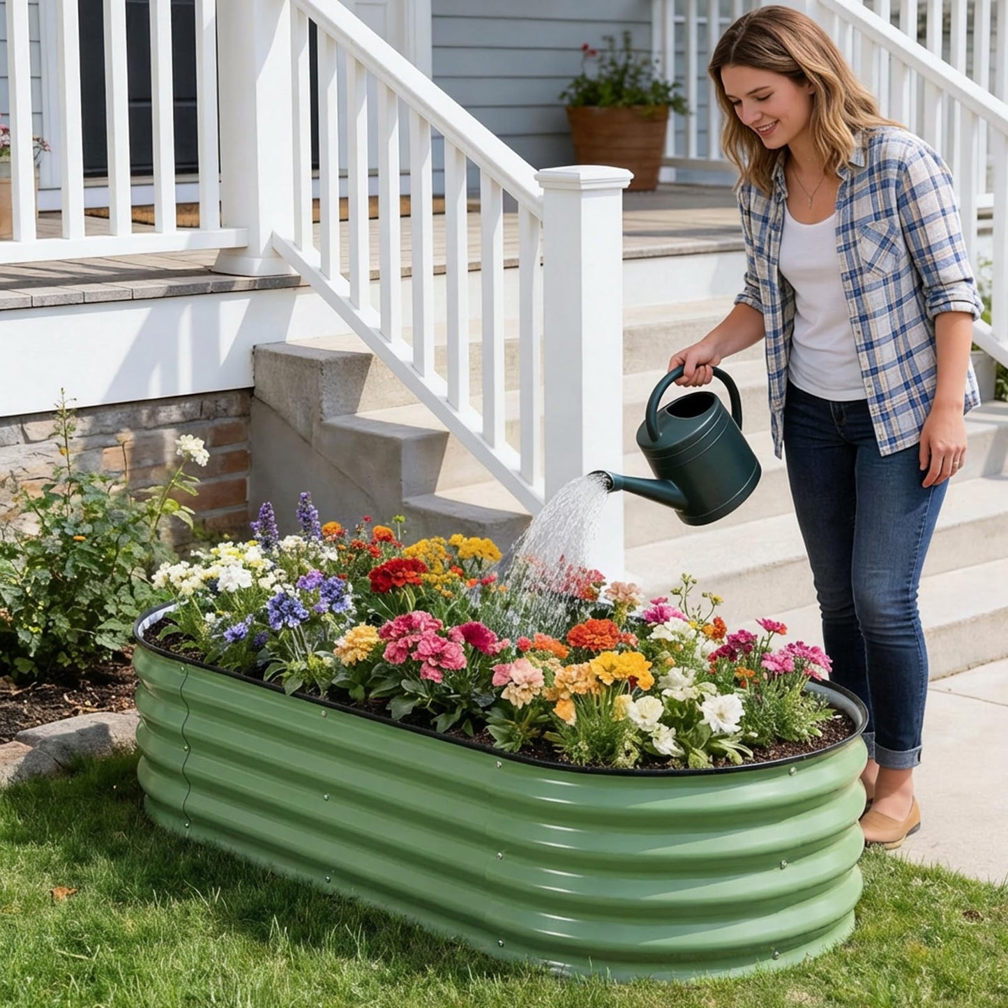 STBoo Galvanized Raised Garden Bed Outdoor, 2Pcs 4x2x1ft Oval Planter Box with Rubber Strip, Metal Raised Bed Kit for Vegetables Flowers Herbs, Olive Green