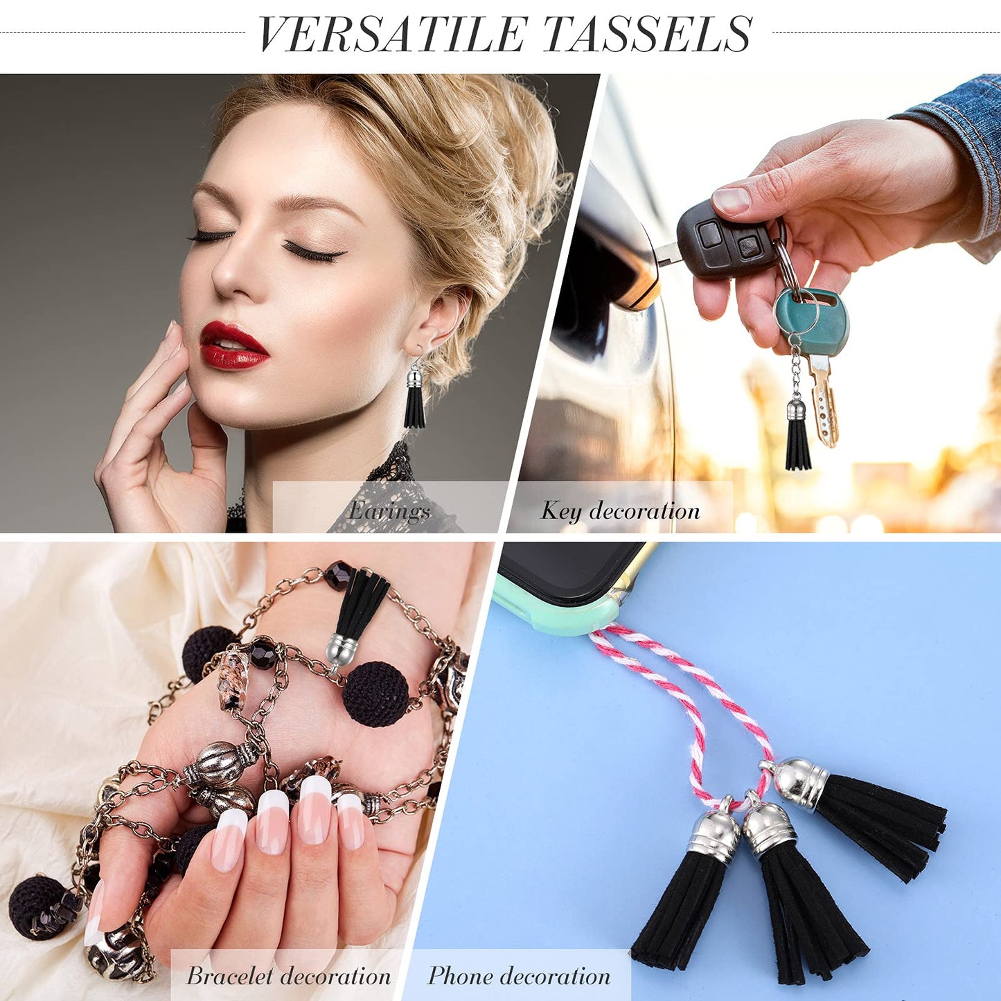 200 Pieces Keychain Tassels Faux Suede Leather Tassel Pendants Keychain Decoration Tassels with Loop for DIY Crafts Making Supplies (Black)
