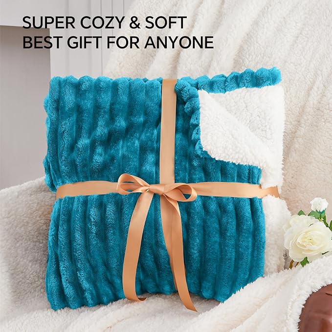 INFIIXSO Sherpa Throw Blanket for Couch - Super Soft & Warm Striped Fleece Blanket, Cozy Plush Fluffy Blanket All Season Use (Teal, 50x60 Inches)