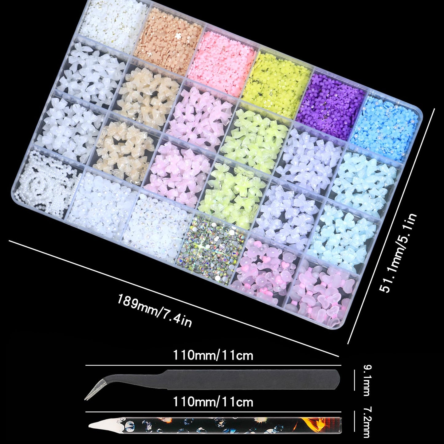 HNUIX Bow Nail Charms - 3D Multiple Colors, Bow-Knot, Flower, Pearls, Flat Back Rhinestones, with Kit, for Nail Art
