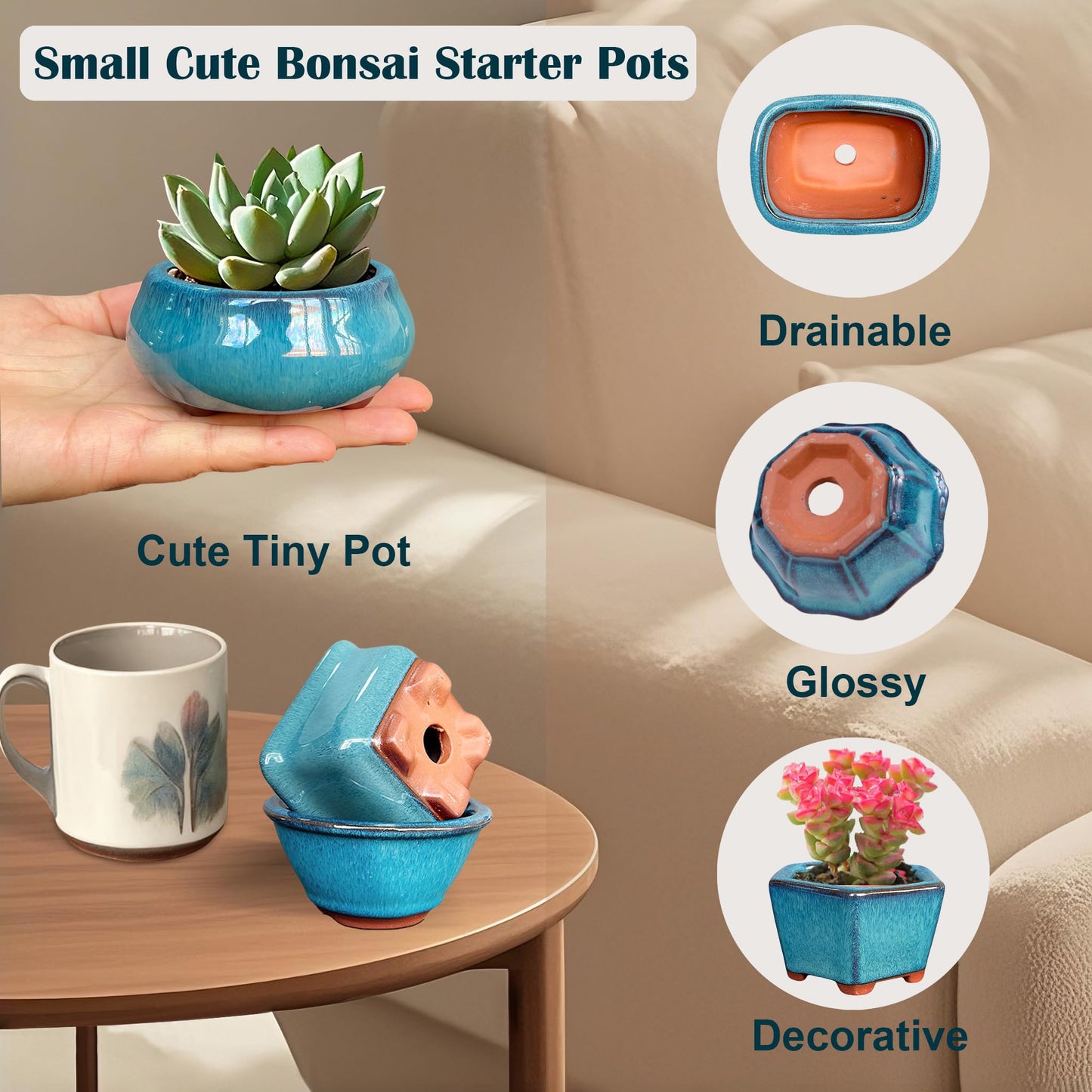 MUZHI 6PACK Glazed Bonsai Pot Planter 3" 4” Small Succulent Pots, Yixing Zisha Decorative Mame Bonsai Training Pot or Small Flower Cactus Starter Growing Planters Containers Blue
