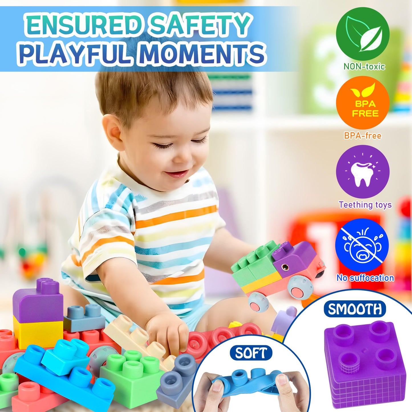 ROHSCE Soft Building Blocks for Toddlers, Large Building Blocks Stacking Blocks for Babies 6 Months and Up Stem Toddler Gifts, Teething Toys, 40 PCS