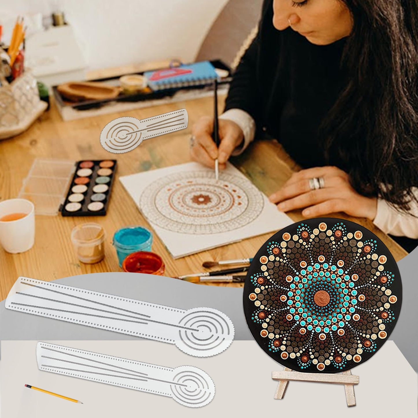 DAFENCHI 3-in-1 Mandala Ruler Tool with Holes, Mandala Dot Art Circle Maker, Compass Protractor Straight Dotting Ruler for Dot Art Geometric Mandala Pattern Design, 3 Sizes