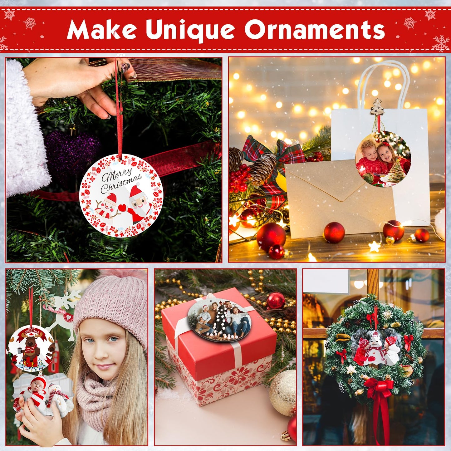 Jenaai 48 Pcs Sublimation Ornament Blanks Double Sided MDF Sublimation Christmas Ornaments Blanks Bulk for Christmas Tree Decor DIY Crafts with Red Ribbon, DIY Handmade Crafts Ornaments(3.15 Inch)