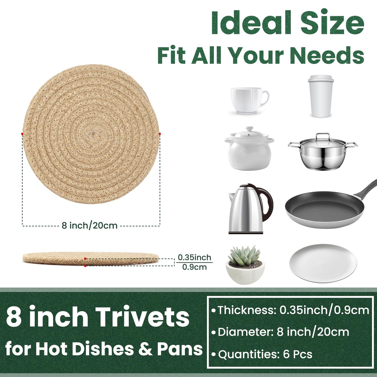 KITLAB 8 Inch Trivets for Hot Dishes, Hot Pots and Pans, Thick Heat Resistant Large Coaster for Kitchen, Hot Pads, Kitchen Essentials, Kitchen Decor for Table & Countertop, 6 Pcs