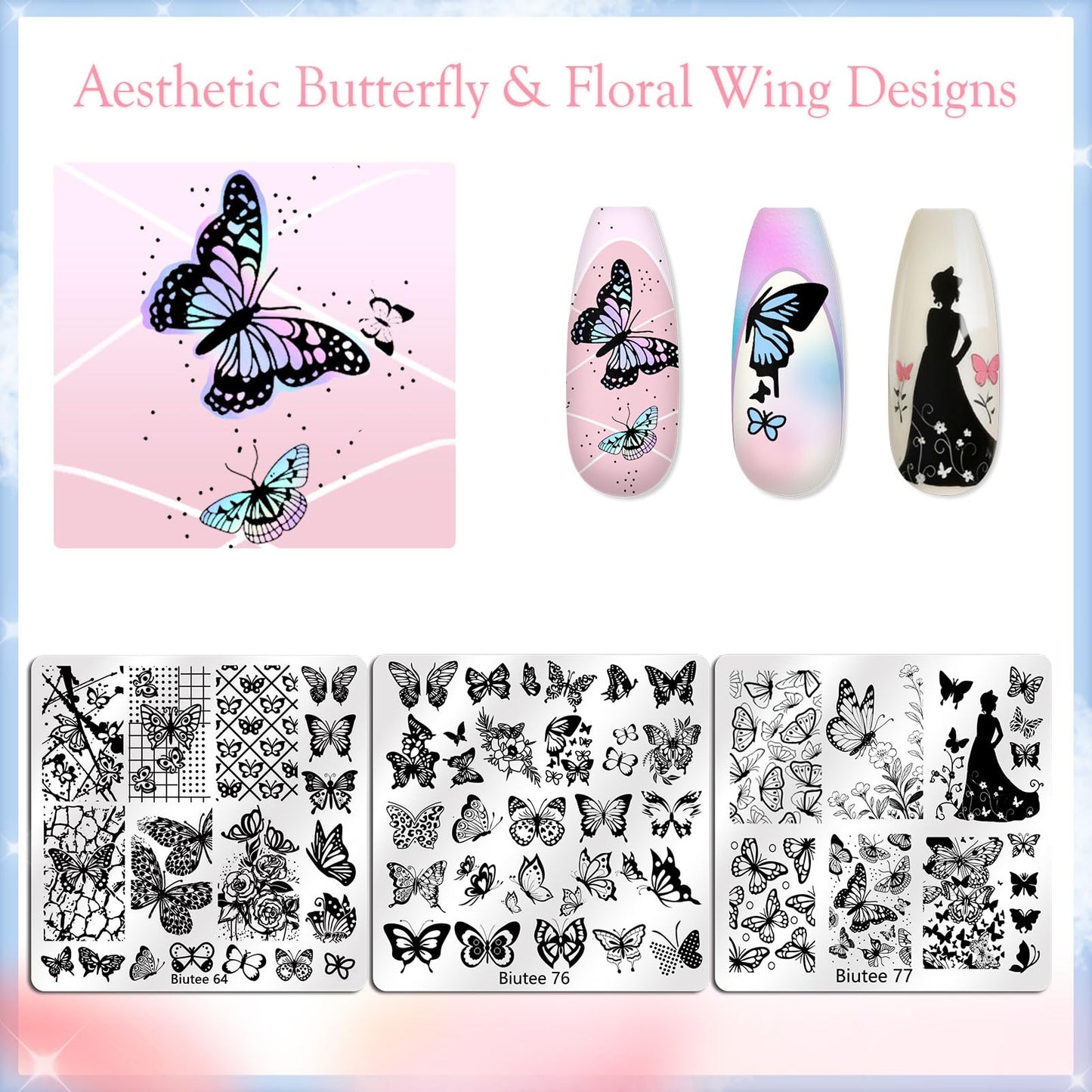 Biutee Nail Stamping Plates Set 15PCS Nail Stamper Kit with Nail Stamper, 2pcs Scraper & Storage Bag Nail Art Stamping Plates Butterfly Star Flower Leaf Bowknot Design Nail Stamping Kit