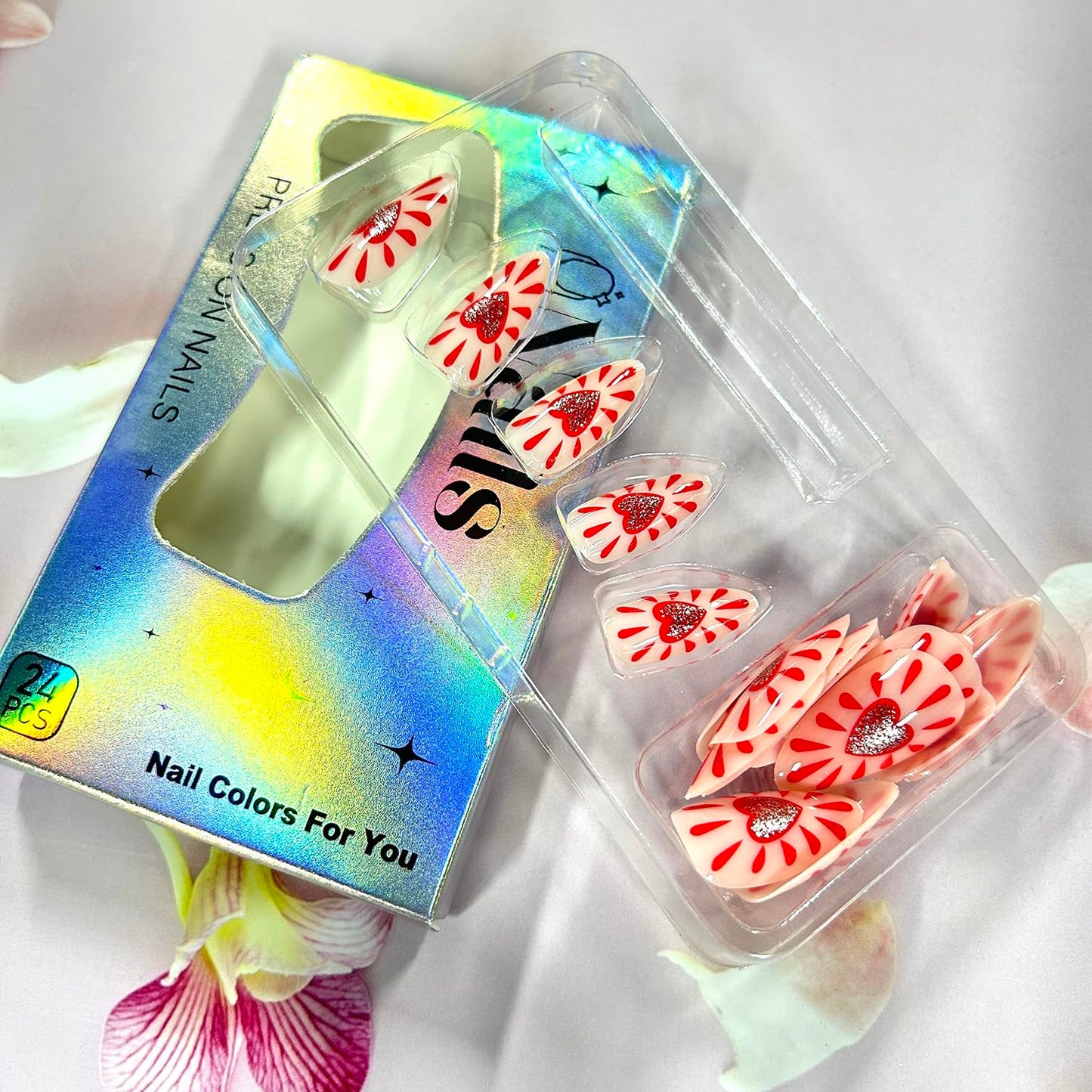 CJDLTS 24Pcs Valentines Press on Nails Short Artificial Acrylic False Nails Red Love Stripe Glossy Almond Full Cover Reusable Coffin Artificial Fingernails Stick on Nail for Women Festival Manicure