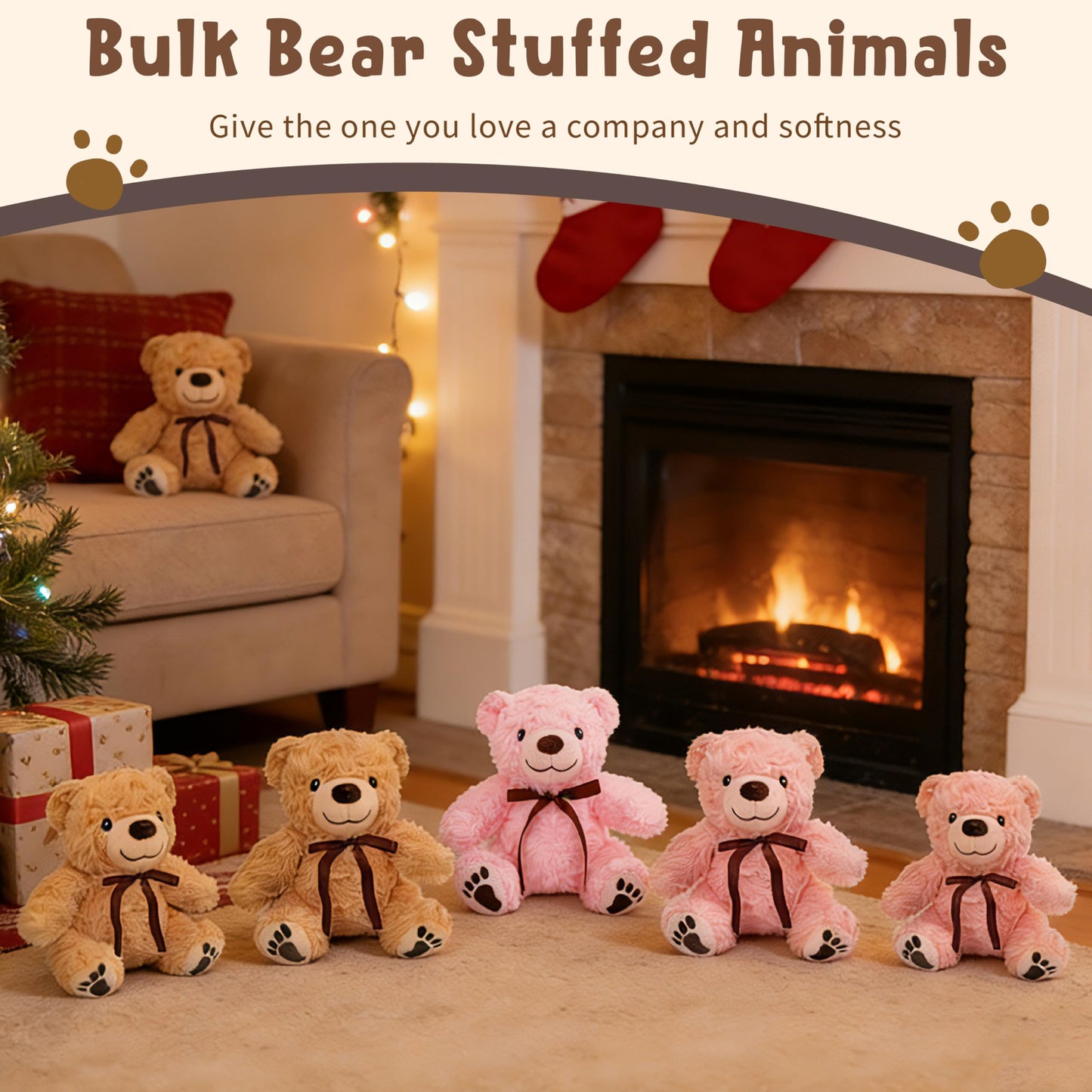EEYQR 6Pcs Teddy Bear Stuffed Animals Bulk for Baby Shower, Small Stuffed Teddy Bear Plush, Bulk Bears Plush Toys for Baby Shower Party Decorations Christmas Valentine's Day (Brown, Pink)