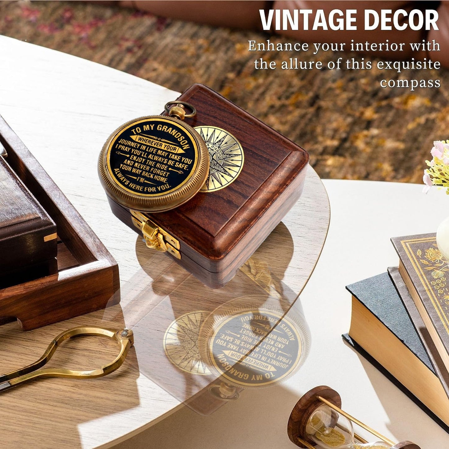 Gift for Grandson Brass Compass with Box Engraved Quote | Memory Present to My Grandson Birthday, Baptism, Graduation, Confirmation, Love, Gift idea by Grandpa Grandma, Greeting Card