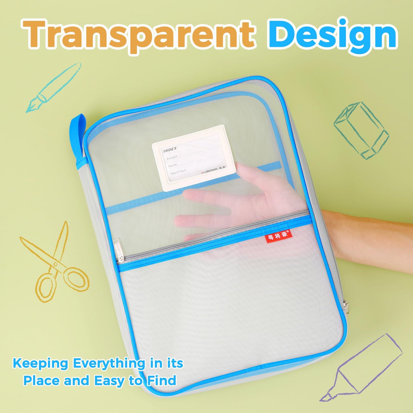 Pendancy Mesh Zipper Pouch 14.8x10.8 in Transparent Lightweight Nylon File Folders, A4 Size Multi-layer Subject Document Organizer Accessories Storage bag for Office and School Supplies(Blue)