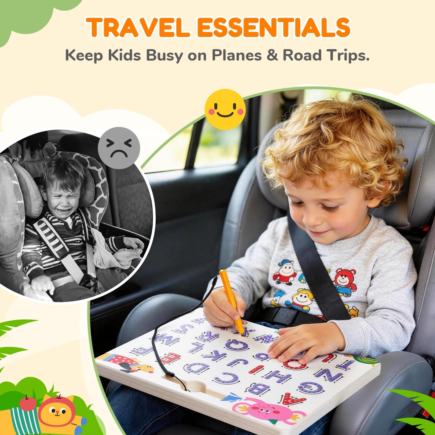 JoyCat Magnetic Animal Letter Tracing Board, Double-Sided ABC Magnets for Toddlers, Uppercase & Lowercase Letter Writing Practice - Preschool Learning Toys, Road Trip Car Activities for Kids Ages 3-5