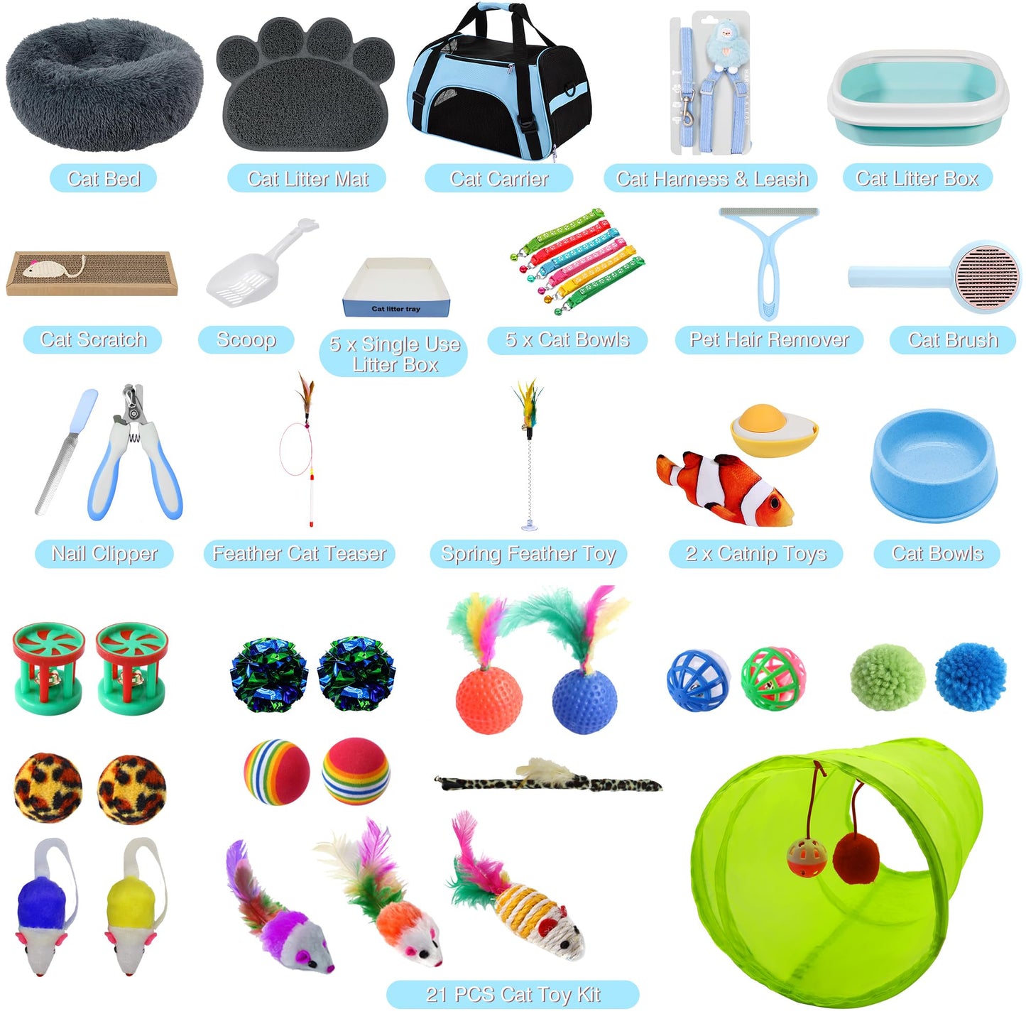 BERXOL 47PCS Kitten Essentials Starter Kit, Ideal for Cats Under 6 Months, Featuring 21-Piece Toy Set, Bed, Carrier, Litter Box, Bowls & More, Perfect for New Cat Owners - Blue
